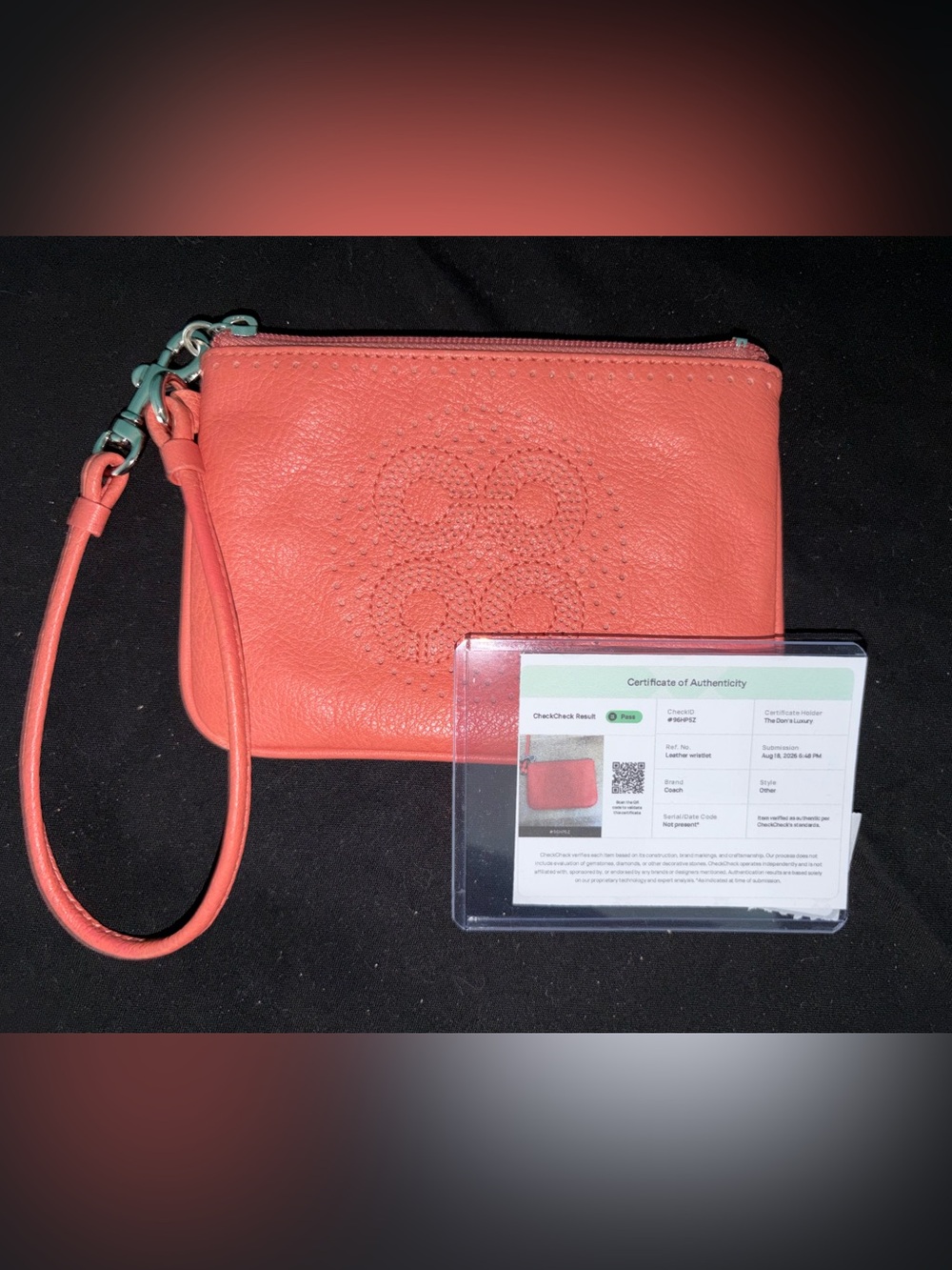 Coach Coral Pebble Leather Wristlet with COA